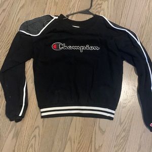 Champion sweater with holes by the shoulder for an off the shoulder look